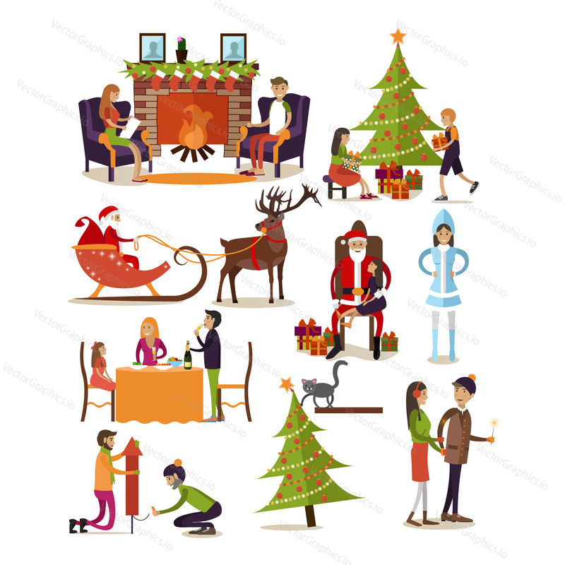 Vector set of fairy tale characters, people, home interior design elements isolated on white background. New Year and Christmas time concept symbols, icons in flat style.