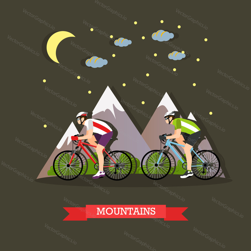 Vector illustration of two cyclists riding on bikes in the mountains. Sports equipment, helmet, gloves, glasses, sneakers and bicycles. Mountain landscape. Flat design