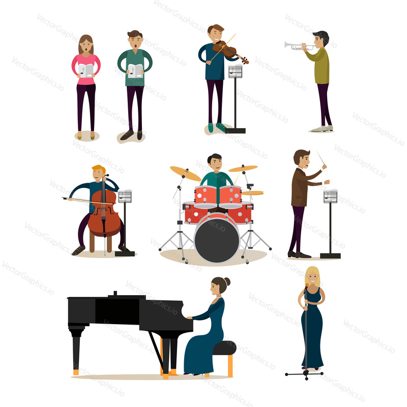 Vector icons set of symphony orchestra people isolated on white background. Singers, conductor, violinist, bassist, trumpeter, pianist, drummer flat style design elements.