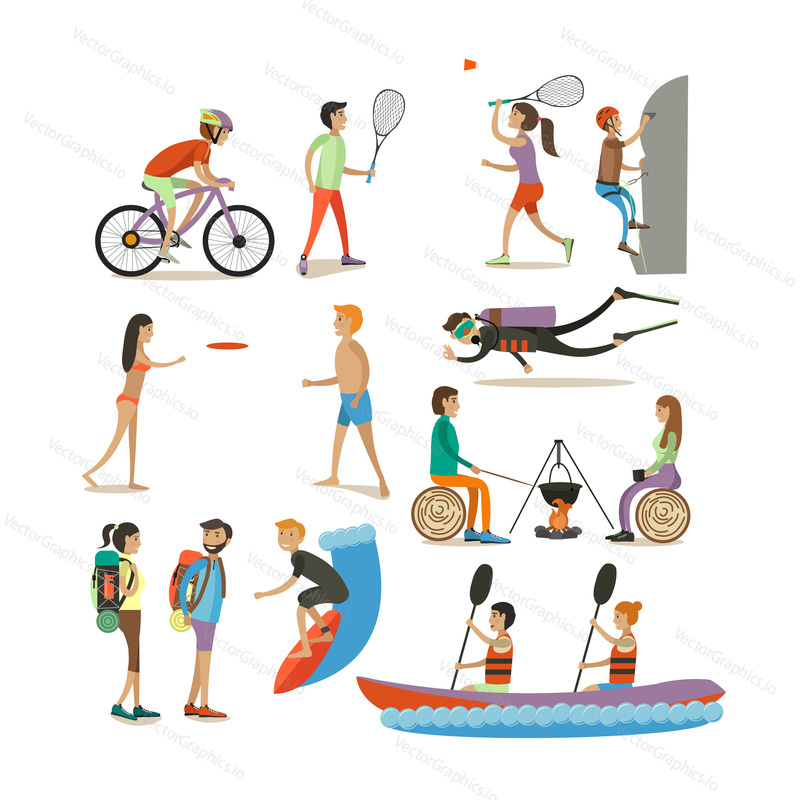Vector set of characters, summer outdoor activities concept design elements, icons, isolated on white background. Flat style design.