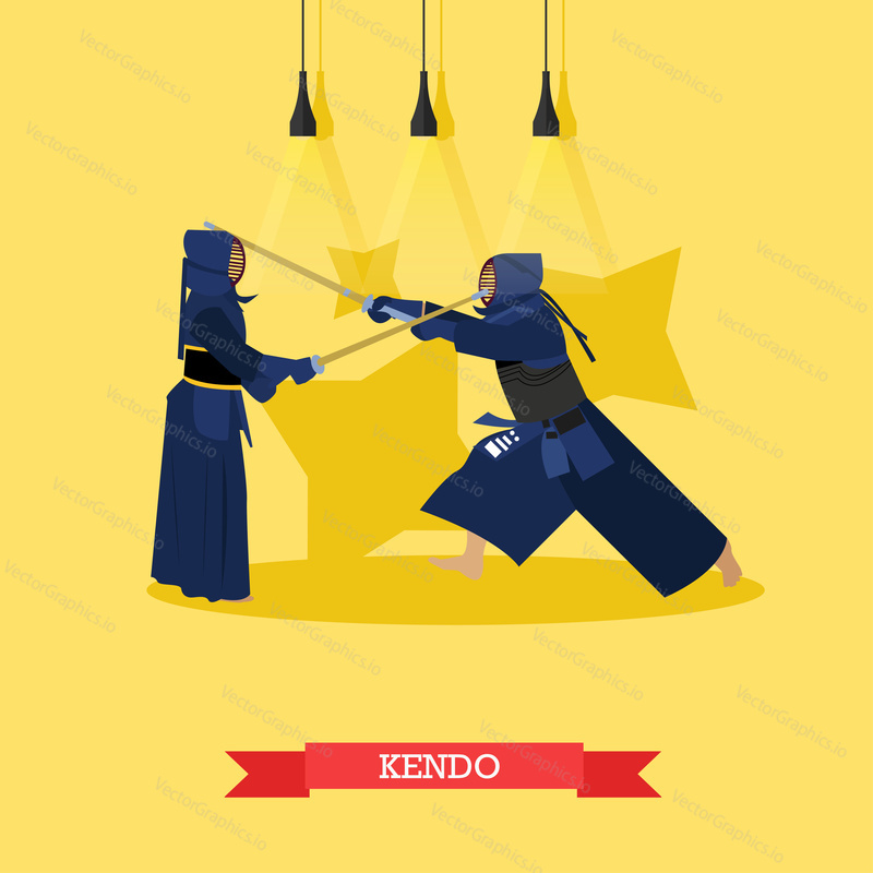 Vector poster of martial arts. Kendo. Fighters in sport positions. Flat design.