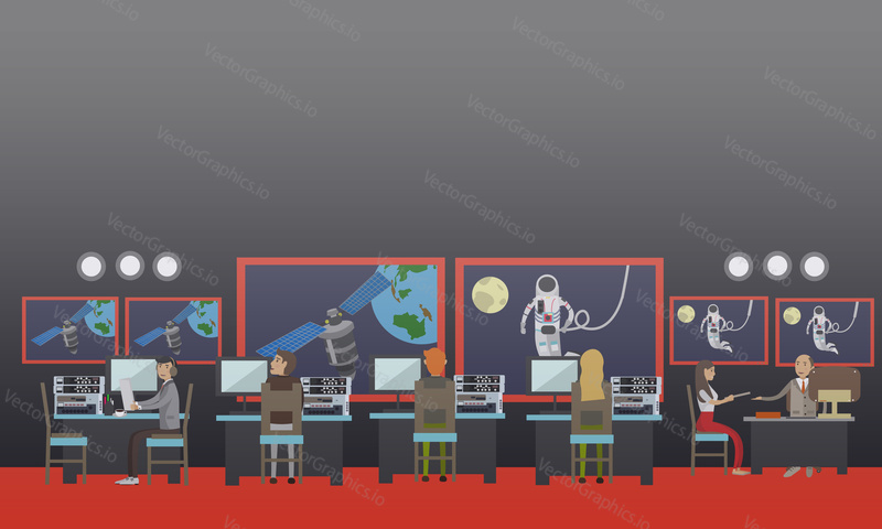 Vector illustration of astronaut in outer space, planet Earth and satellite, mission control center personnel monitoring spaceflight. Space exploration concept design element in flat style.
