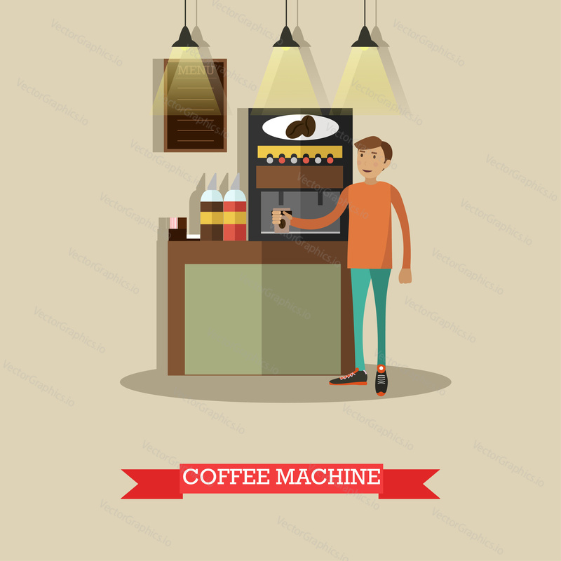 Vector illustration of coffee automatic machine and man making coffee. Coffee making equipment concept design element in flat style.