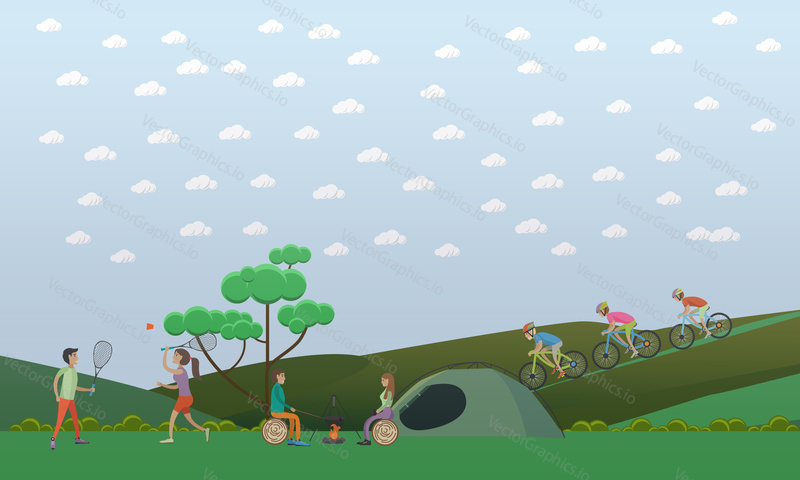 Vector illustration of people sitting at the campfire near the tent, playing badminton, cycling. Camping with tent, summer outdoor activities concept design element in flat style.