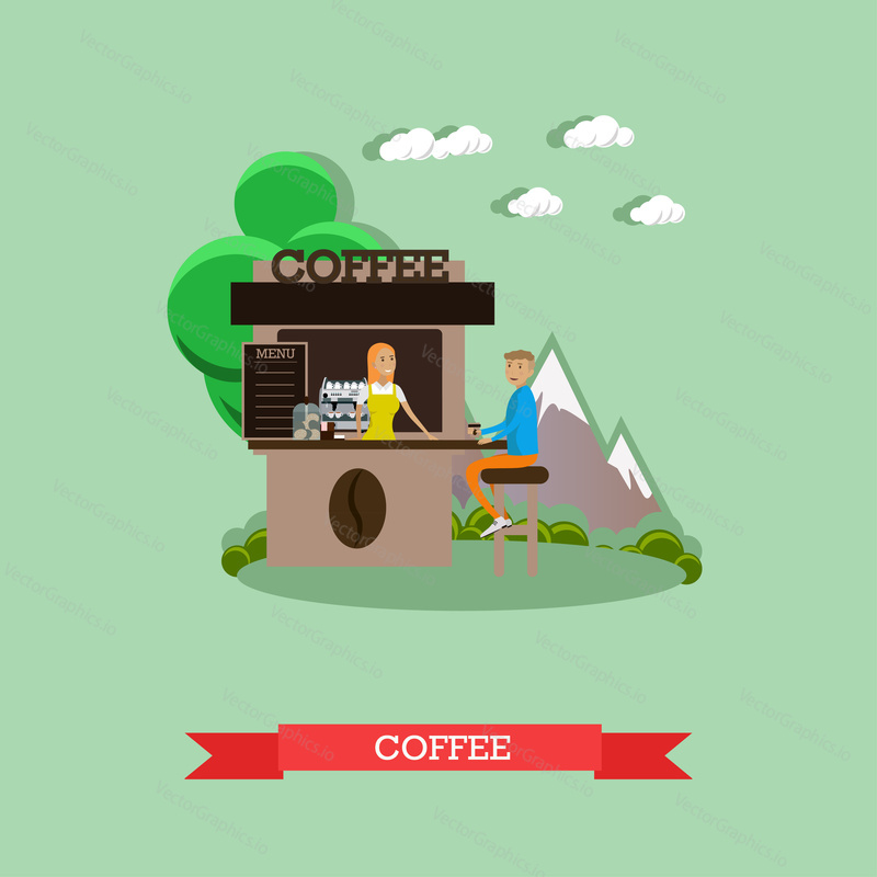 Street coffee concept vector illustration in flat style. Coffee shop, stall, kiosk, salesgirl and buyer with coffee.