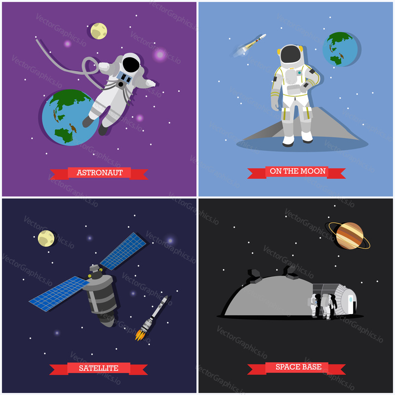 Vector set of space mission, exploration concept illustrations in flat style. Astronauts in outer space, on the Moon, satellite and space base design elements.