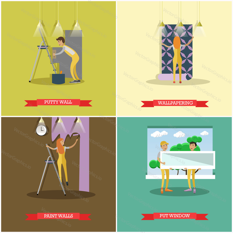 Vector set of construction and repairing house concept posters, banners. Putty wall, wallpapering, Painting and Put window design elements in flat style.