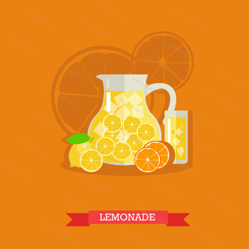 Vector illustration of jug with lemonade and ice. Glass full of lemonade and fresh lemons and oranges next to it. Popular citrus soft drink. Flat design