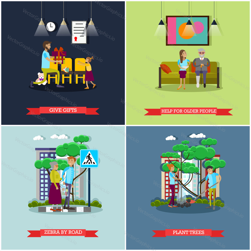 Vector set of voluntary organization services concept posters, banners. Give gifts, Help for older people, Zebra by road, Plant trees design elements in flat style.