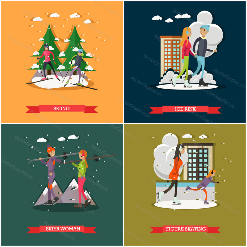 Vector set of winter sports and recreation concept posters, banners. Active people, cartoon characters. Skiing, Ice rink, Figure skating, Skier woman design elements in flat style.