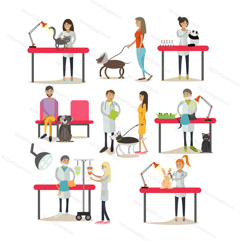 Vector set of vet clinic staff at workplace, clients with their pets isolated on white background. Design elements, icons in flat style.
