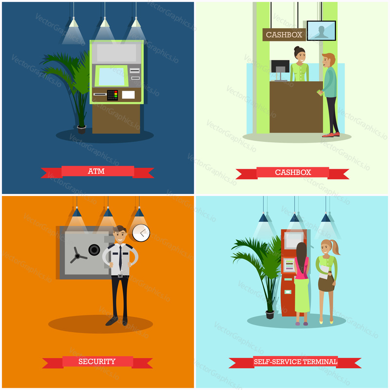 Vector set of banking concept posters. ATM, Cashbox, Security and Self-service terminal design elements in flat style.