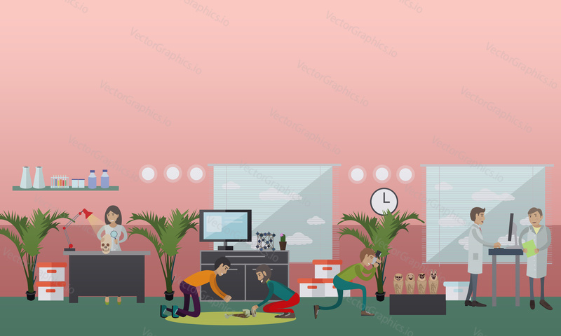 Vector illustration of archaeological laboratory interior, archaeologists and equipment. Archaeological research concept design element in flat style.