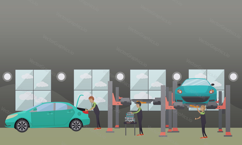 Car service, auto repair concept vector illustration. Workers repairing and changing auto spare parts design elements in flat style.