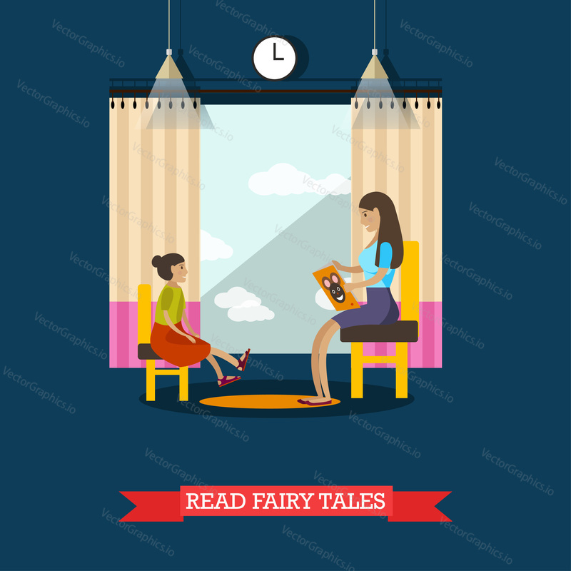 Vector illustration of volunteer young woman reading fairy tales for little girl living in orphanage. Voluntary organizations services concept design element in flat style.
