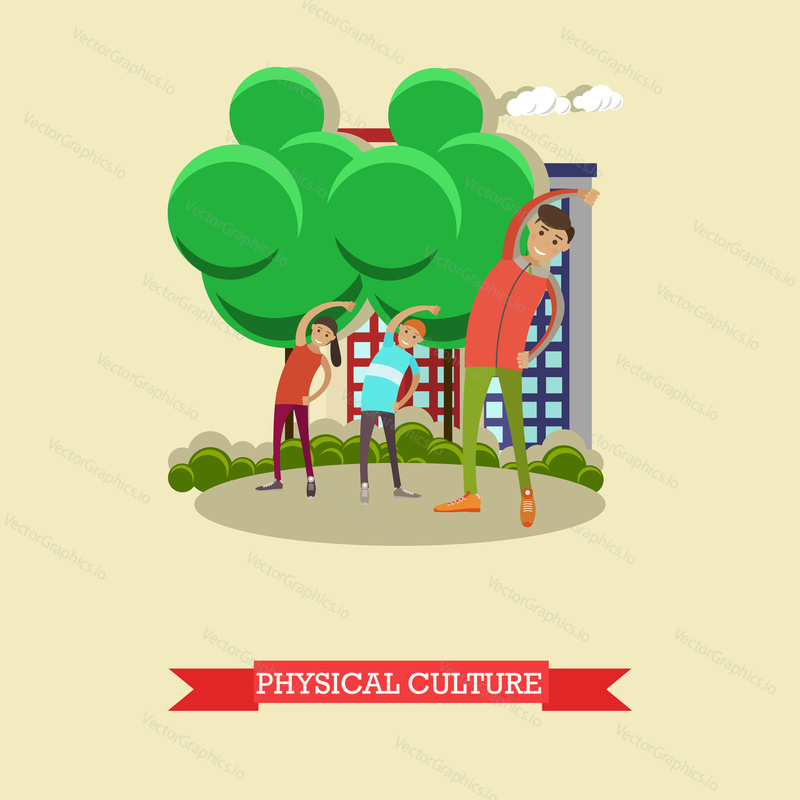 Vector illustration of instructor with exercising schoolboys. Sports ground, playground. Physical education lesson concept design element in flat style.