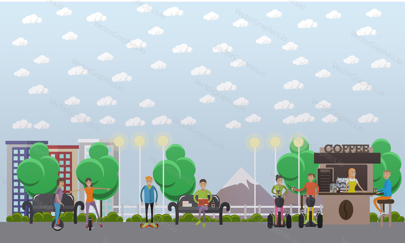 Vector illustration of modern park with people taking rest, drinking coffee and riding monocycle, gyroscooter, segway. Modern park concept design element in flat style.