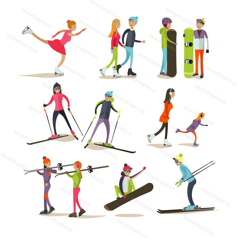 Vector set of characters skating, skiing, snowboarding, isolated on white background. Children and adults going in for sports. Outdoor winter activities concept design elements, icons in flat style.