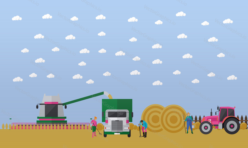 Combine harvester gathers the wheat in the field and automatically loads it in the truck. Farmers gathering the hay and loading it on the tractor. Vector banner in flat design
