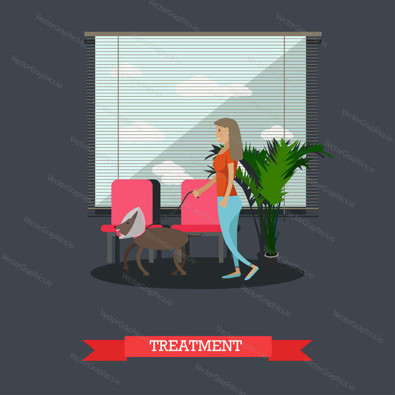Treatment of pets in veterinary clinic concept vector illustration. Woman and her dog with injured neck. Vet clinic services concept design element in flat style.