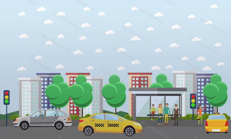 Street traffic concept vector illustration in flat design. Automobiles going across the main street. People waiting for city bus at the bus stop. Woman hailing a taxi.