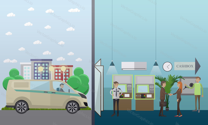 Vector set of banking concept design elements in flat style. Bank employees, security guard, customers, ATM, safe, collector, armored car.