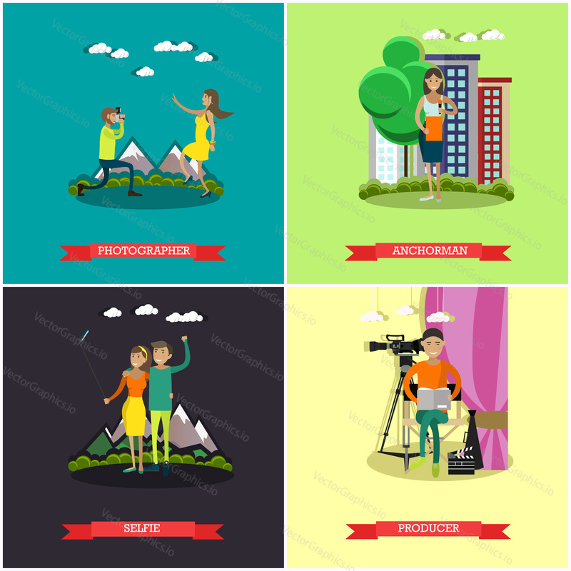 Vector set of photo and video concept posters, banners. Photographer, Anchorman, Selfie and Producer design elements in flat style.