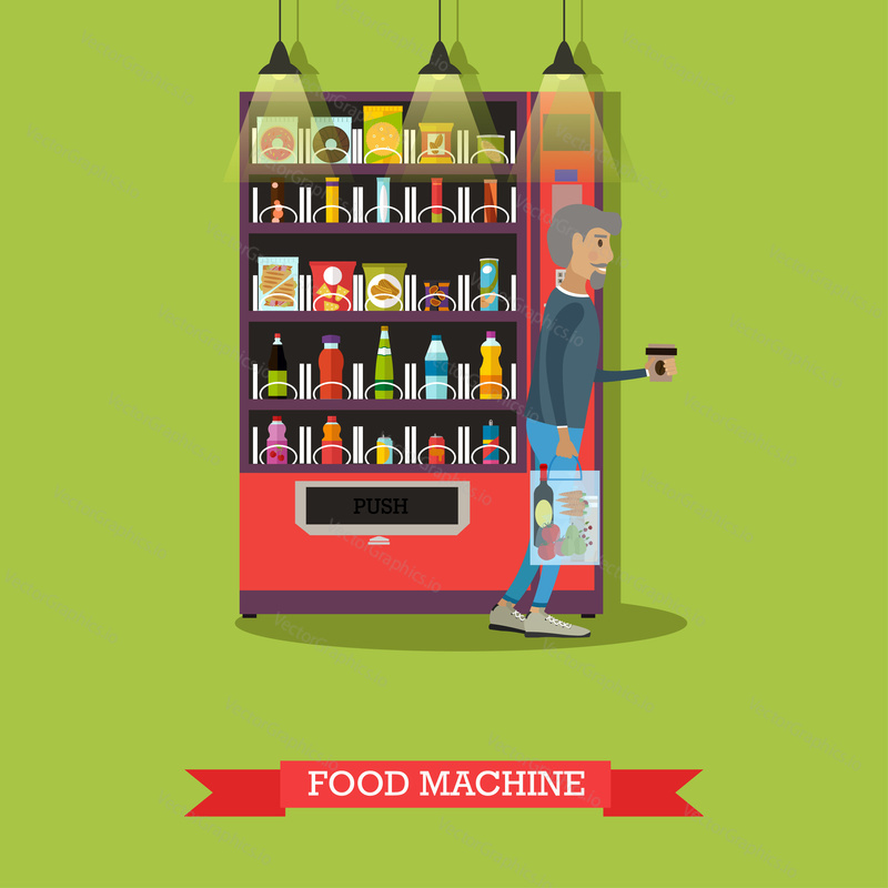 Vector illustration of food machine with snacks and drinks, man with coffee. Vending machines service concept design element in flat style.