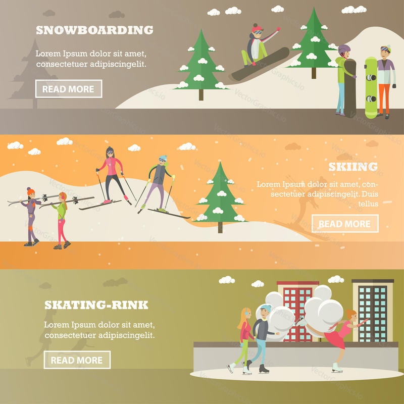 Vector set of winter sports and recreation concept horizontal banners. Snowboarding, Skiing, Skating-rink design elements in flat style.