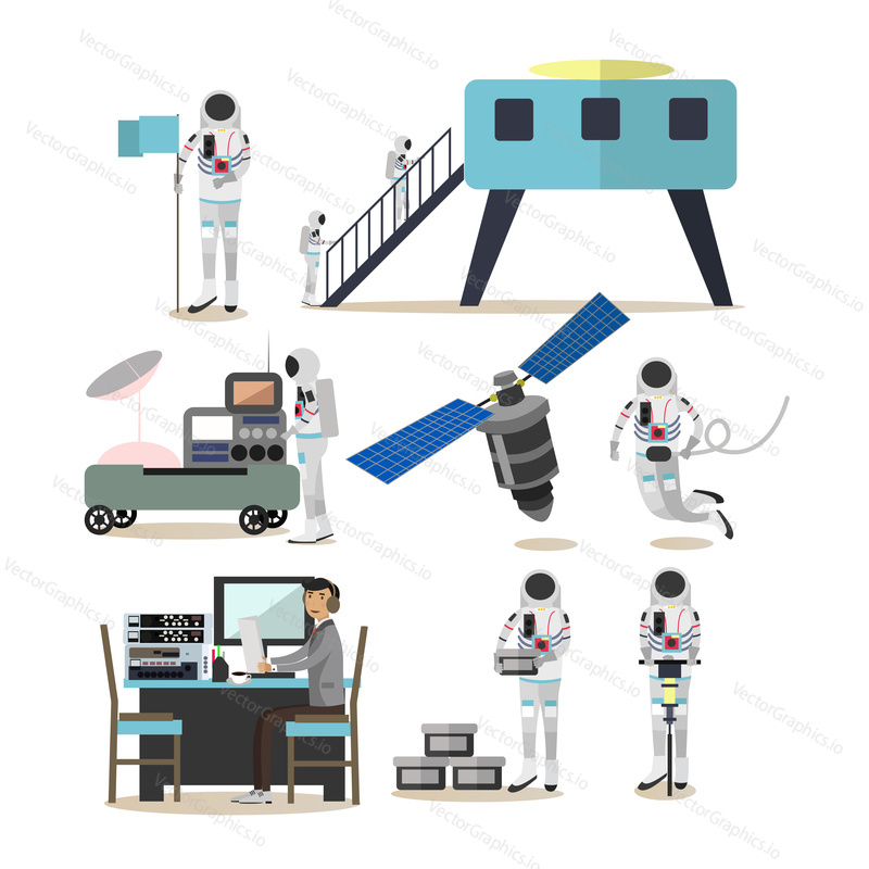 Vector set of space exploration concept design elements isolated on white background. Mission control center personnel, astronauts, satellite, space base and space rover in flat style.