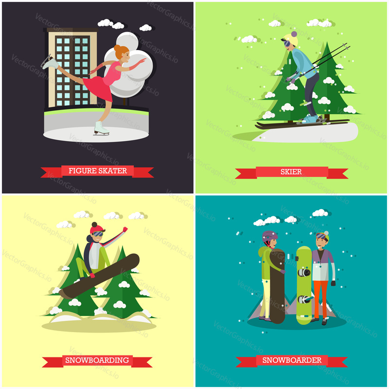Vector set of winter sports concept posters, banners. Figure skater, Skier, Snowboarding and Snowboarder design elements in flat style.