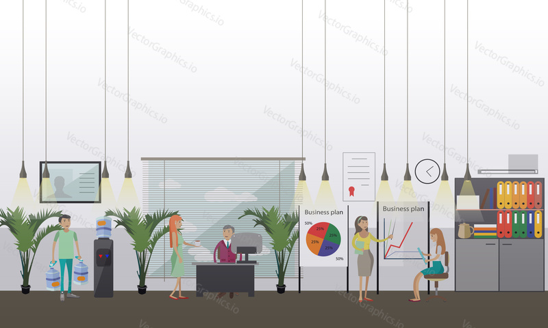 Office presentation concept vector illustration in flat style. Business people at workplaces, making presentation, water delivery service.