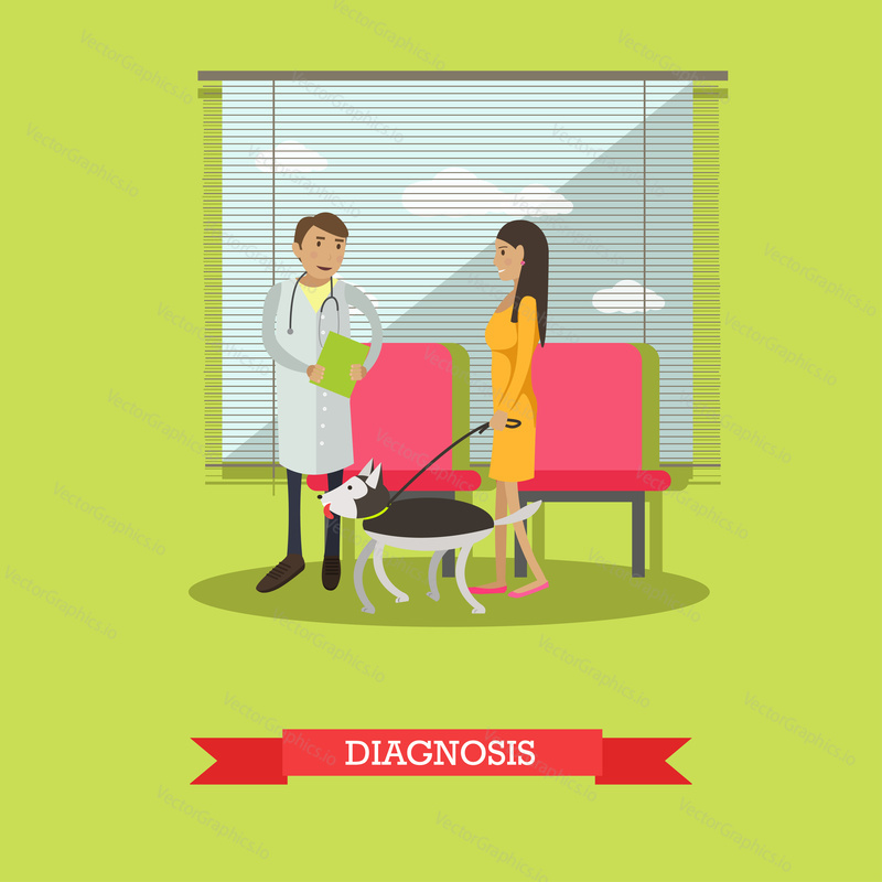 Vector illustration of veterinary surgeon talking to woman about diagnosis after medical inspection of her pet dog. Vet clinic services concept design element in flat style.