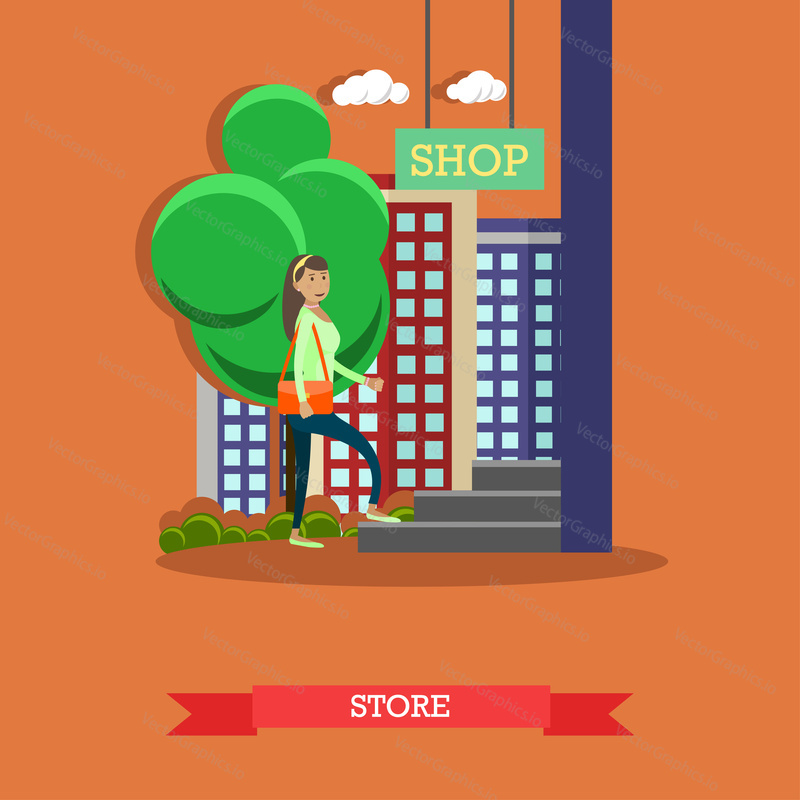 Vector illustration of woman going shopping at store. Street traffic and shopping concept design element in flat style.
