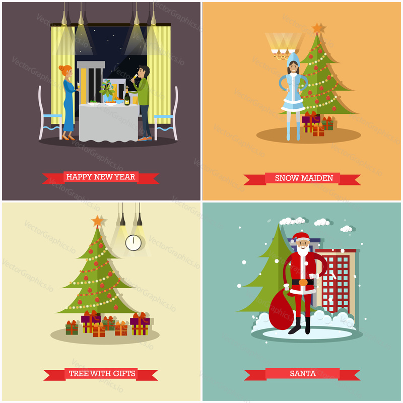 Vector set of New Years Eve celebration concept posters, banners. Happy New Year, Snow Maiden, Tree with gifts and Santa design elements in flat style.