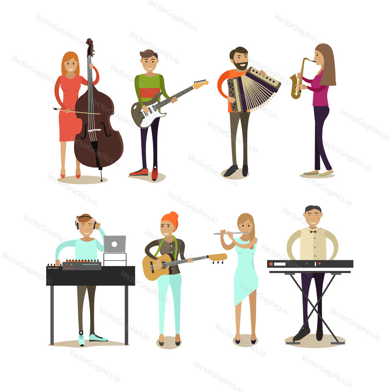 Vector icons set of musician people isolated on white background. Guitarist, bassist, saxophonist, disc jockey , keyboardist, flutist, accordionist flat style design elements.