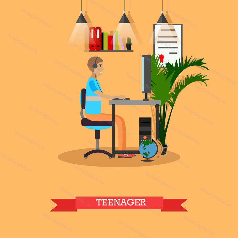 Vector illustration of boy teenager working at the computer or playing the computer. Modern gadgets concept design element in flat style.