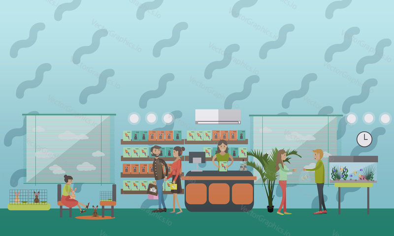 Vector illustration of pet shop with saleswoman, girl playing with rabbits and people buying fishes, food for parrots. Flat style design elements.