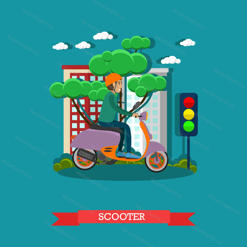 Vector illustration of young man riding scooter. Motorcycle, motor scooter concept design element in flat style.