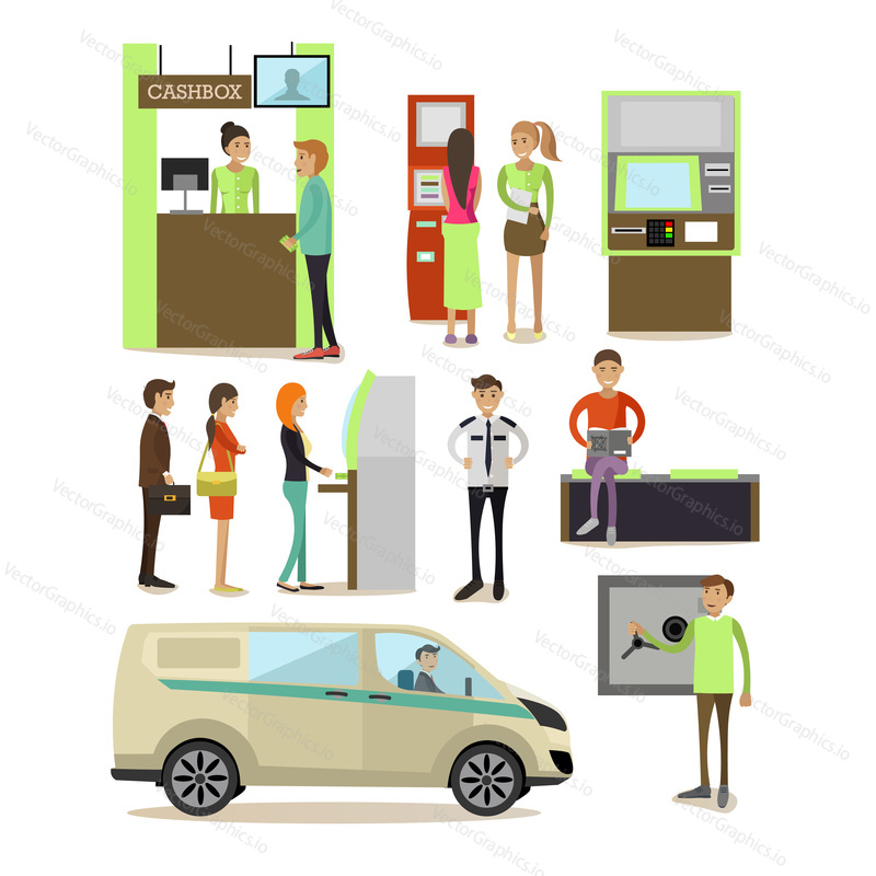 Vector set of banking concept design elements, icons in flat style. Customers carrying out operations with ATM, self-service terminal. Bank employees, guard, safe, cash box, encashment truck.