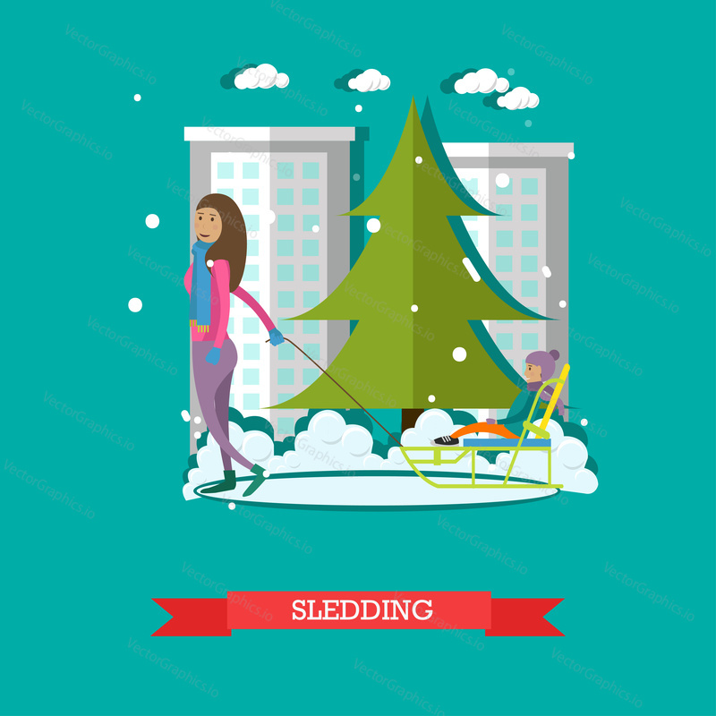 Vector illustration of mother sledding her daughter. Cityscape. Winter activities concept design element in flat style