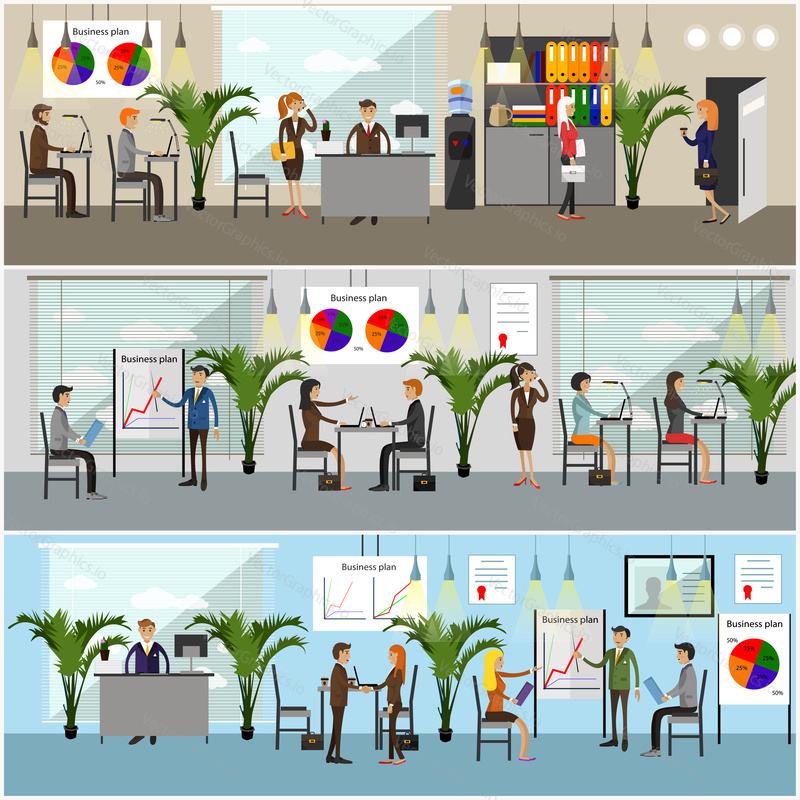 Vector set of office interior banners in flat style design. Business people and office workers. Office interior.
