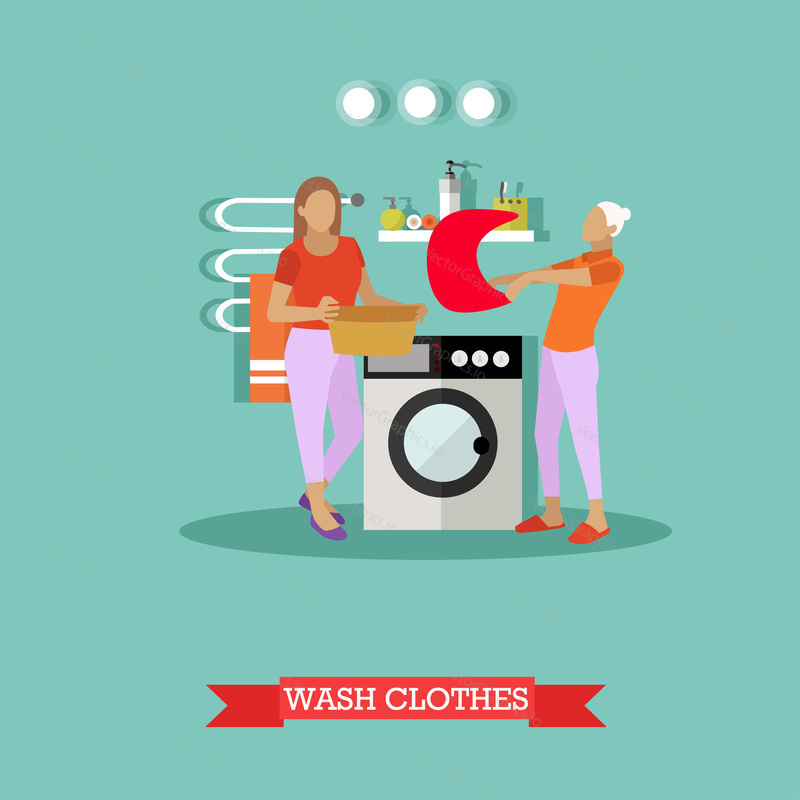 Women wash clothes in washing machine. Vector illustration in flat style.
