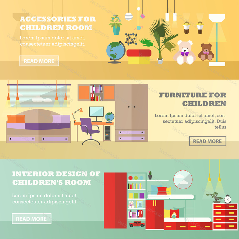 Kids bedroom interior banners in flat style. Vector illustration. House room design elements and icons.