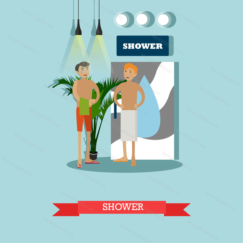 Men taking shower in fitness center vector concept poster. Male sauna in gym club illustration in flat style design. People with towels after shower.