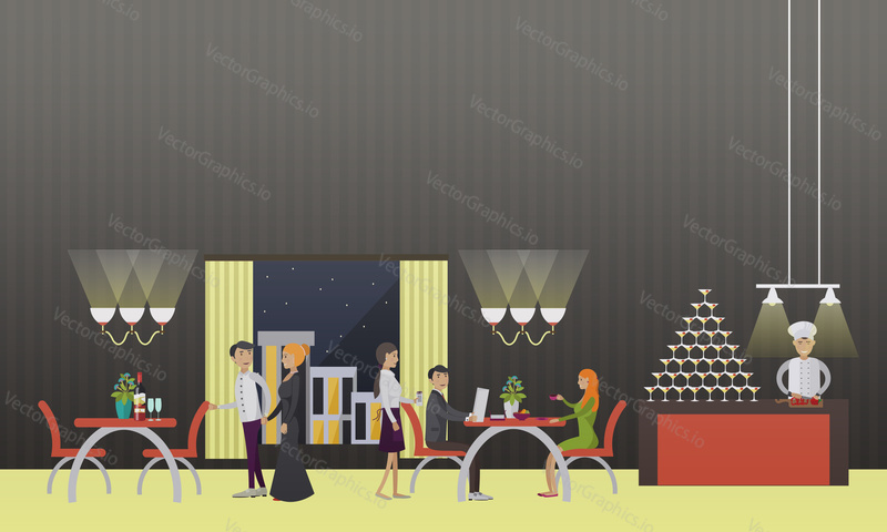 Vector banner with restaurant interior. People having dinner in cafe. Party concept.
