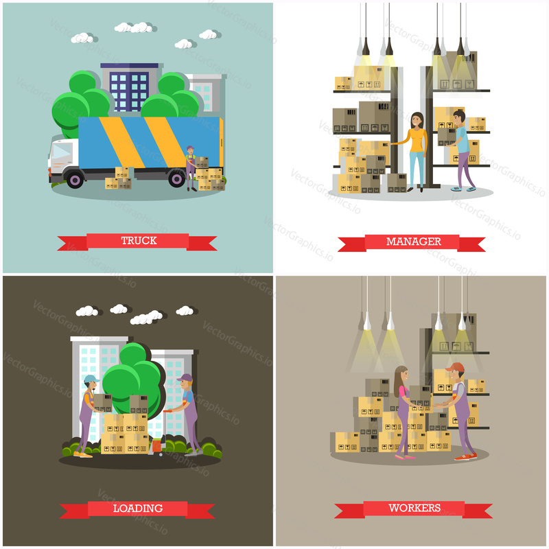 Logistic and delivery service concept banners. Warehouse workers. Vector illustration in flat style design. Delivery man working in warehouse and shipping products.