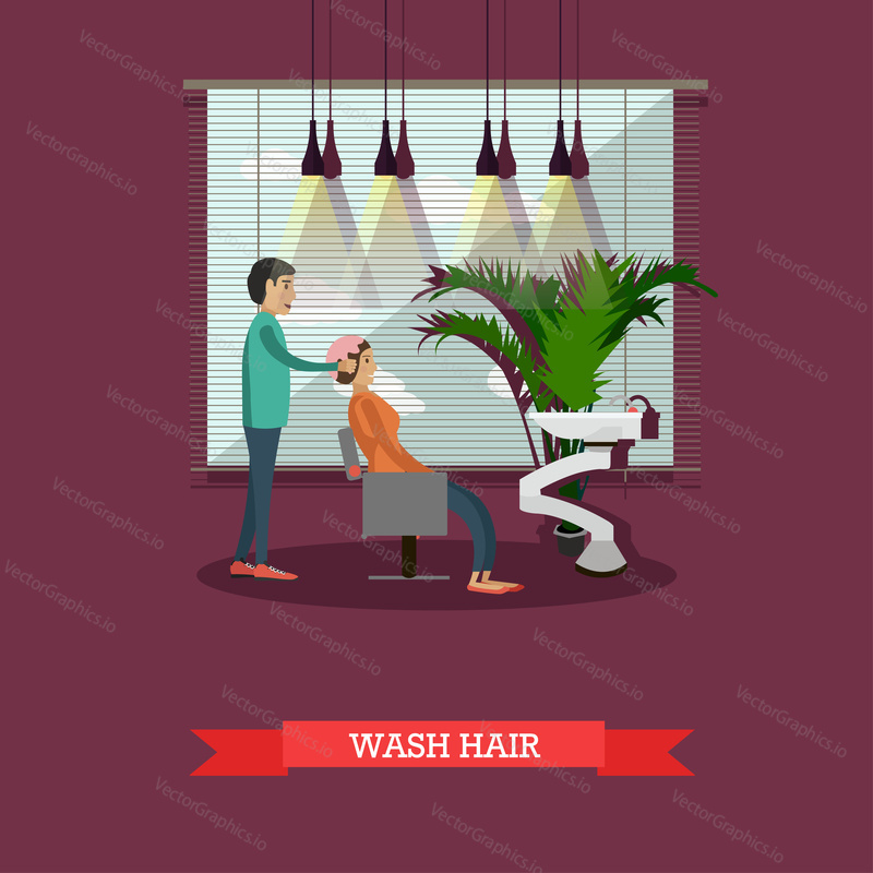 Beauty salon vector concept banners. Customer in studio washing hair illustration in flat cartoon style.