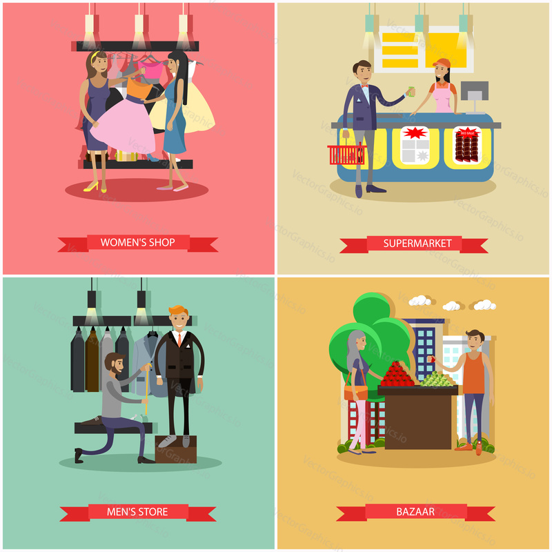 People shopping in a store concept posters. Colorful vector illustration. Customers buy products in food supermarket, trying clothes.
