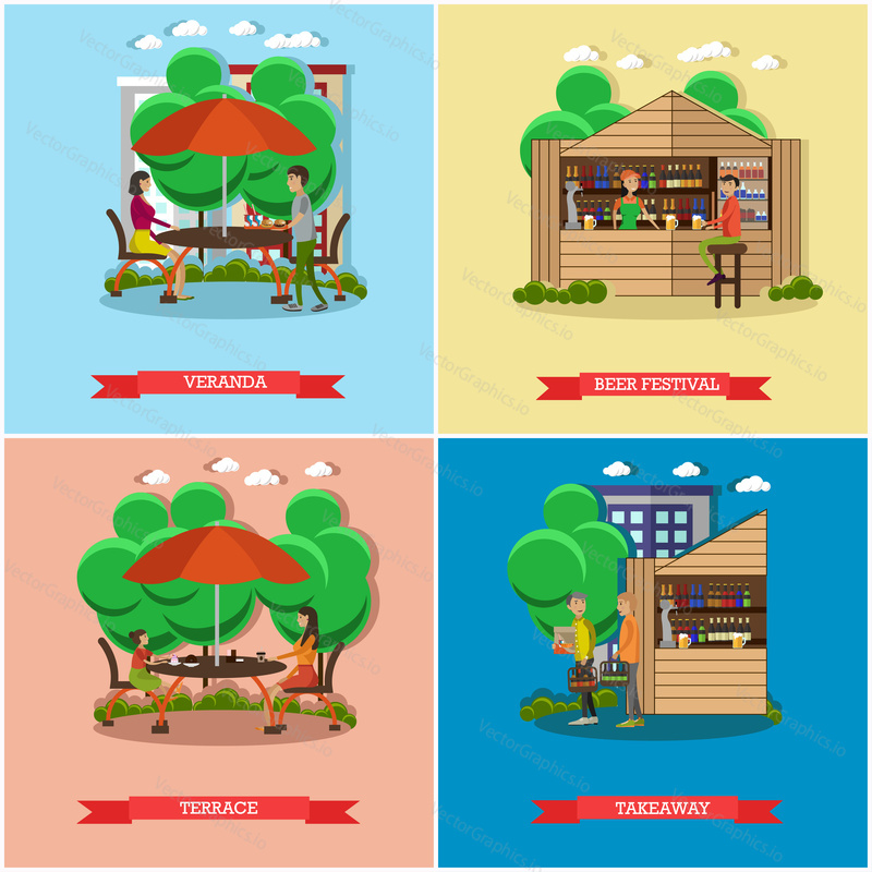 Street food concept vector posters. People sell food from stalls in park. Street cafe concept. Restaurant summer terrace under umbrella